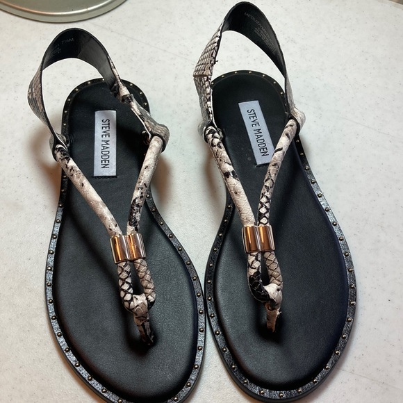 Steve Madden Shoes - NWOT Steve Madden Black and Cream Snake-Print T-Strap Sandals with Gold Accent